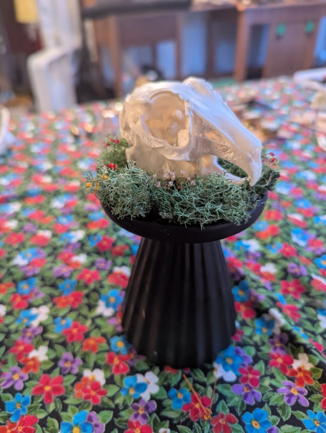 Black Beam Rabbit Skull Totem: Real rabbit skull, Reindeer moss, Dried flowers