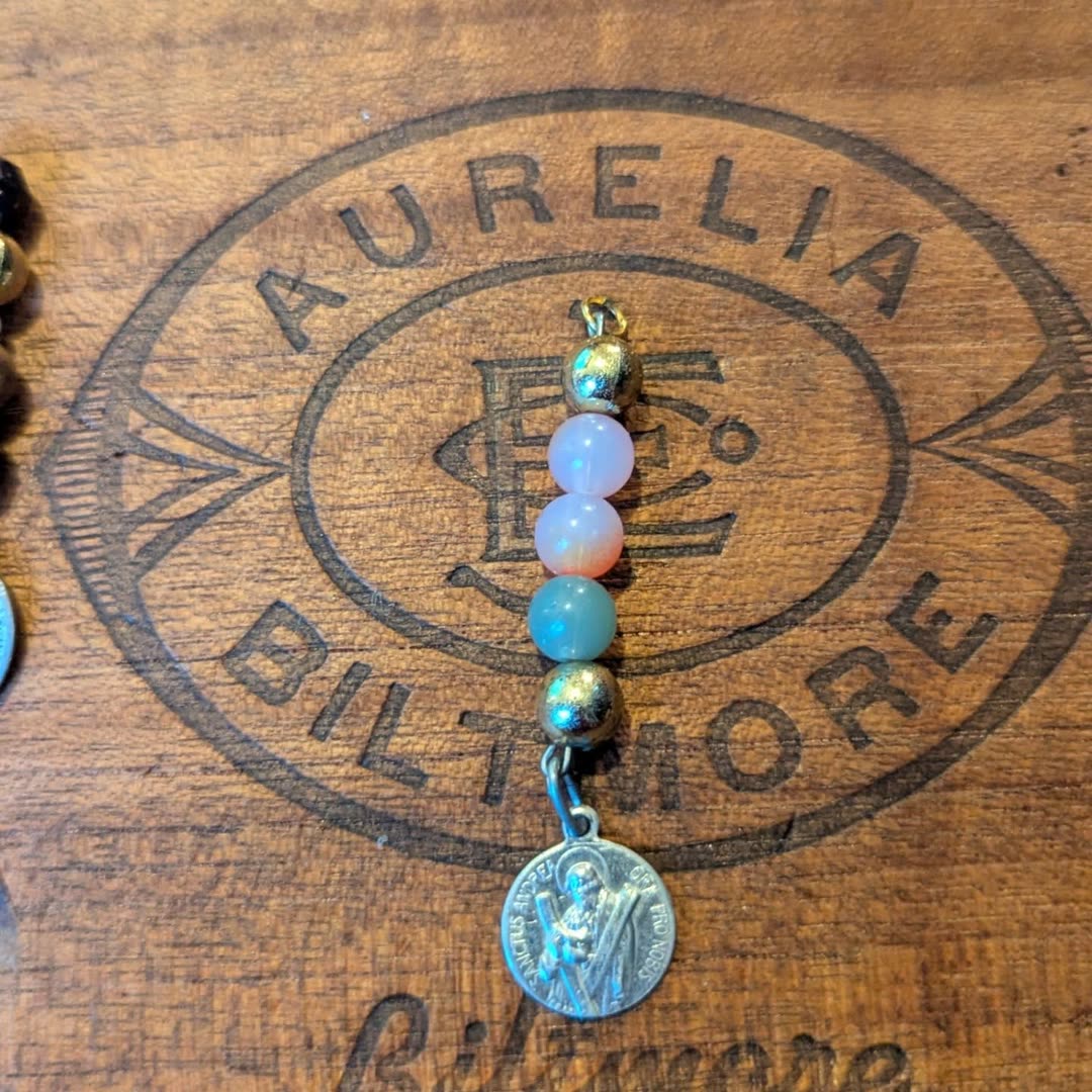 Antique Saint Andrew's Medal Charm: French Catholic medal, around the 1950s, Stacked beads