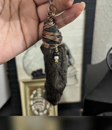 Lucky Rabbit Foot, Bead Drop: Rabbit foot, Copper wrap with bead drop, Keychain