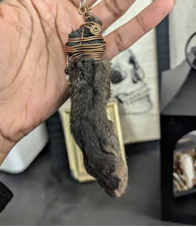Lucky Rabbit Foot, Black Stone: Rabbit foot, Wire-wrapped stone, Keychain