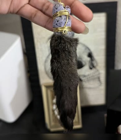 Lucky Rabbit Foot, Lavender Wrap: Rabbit foot, Lavender wrap with brass wire, Keychain