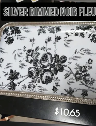 Noir Fleur Rolling Tray, Silver Rim: Black and white rose print, Silver rim