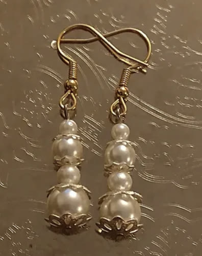 Pearl Drop Earrings: Stacked pearls, Gold-tone caps and hooks